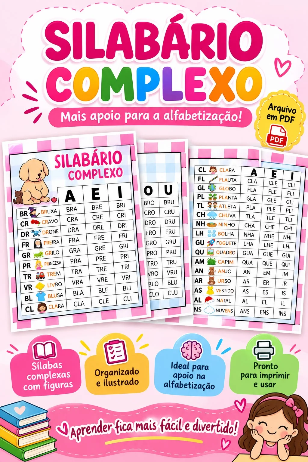 Kit Silabário Simples e Complexo Ilustrado em PDF — amostra 2: 🌈 O QUE ACOMPANHA O MATERIAL?