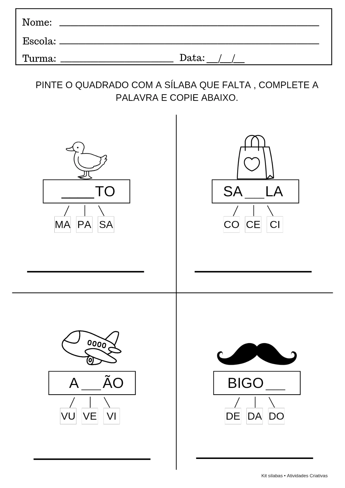 Kit Sílabas | 5 Atividades em PDF para Educação Infantil — amostra 3: Torne o processo de alfabetização mais divertido com…