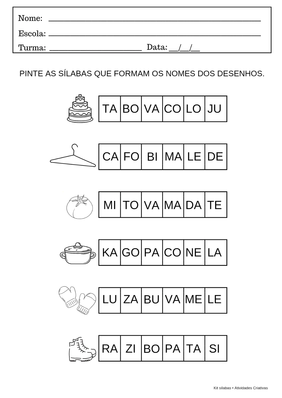 Kit Sílabas | 5 Atividades em PDF para Educação Infantil — amostra 4: Torne o processo de alfabetização mais divertido com…