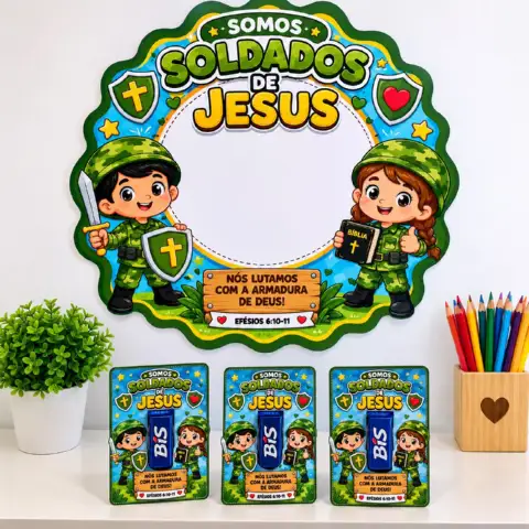 Kit Soldados de Jesus – Moldura Fotográfica e Lembrancinha para BIS — amostra 1: Kit cristão infantil em PDF com moldura…