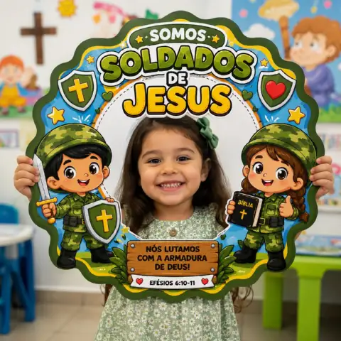 Kit Soldados de Jesus – Moldura Fotográfica e Lembrancinha para BIS — amostra 3: Kit cristão infantil em PDF com moldura…