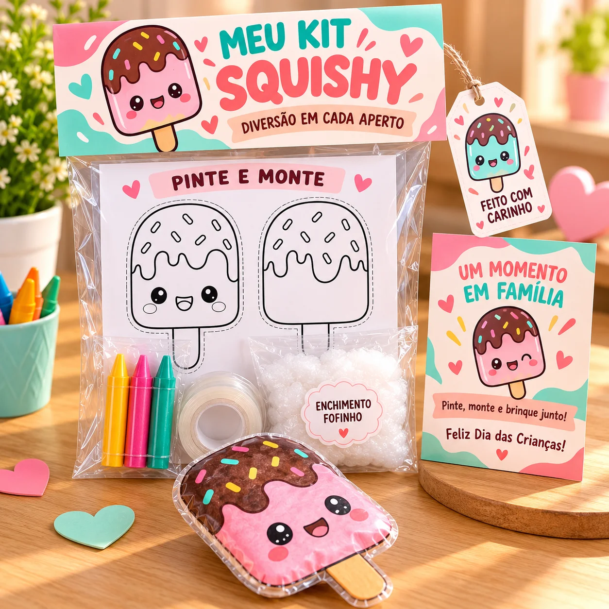 Kit Squishy Infantil para Pintar e Montar – Dia das Crianças — amostra 1: Kit Squishy infantil com 6 modelos para pintar,…