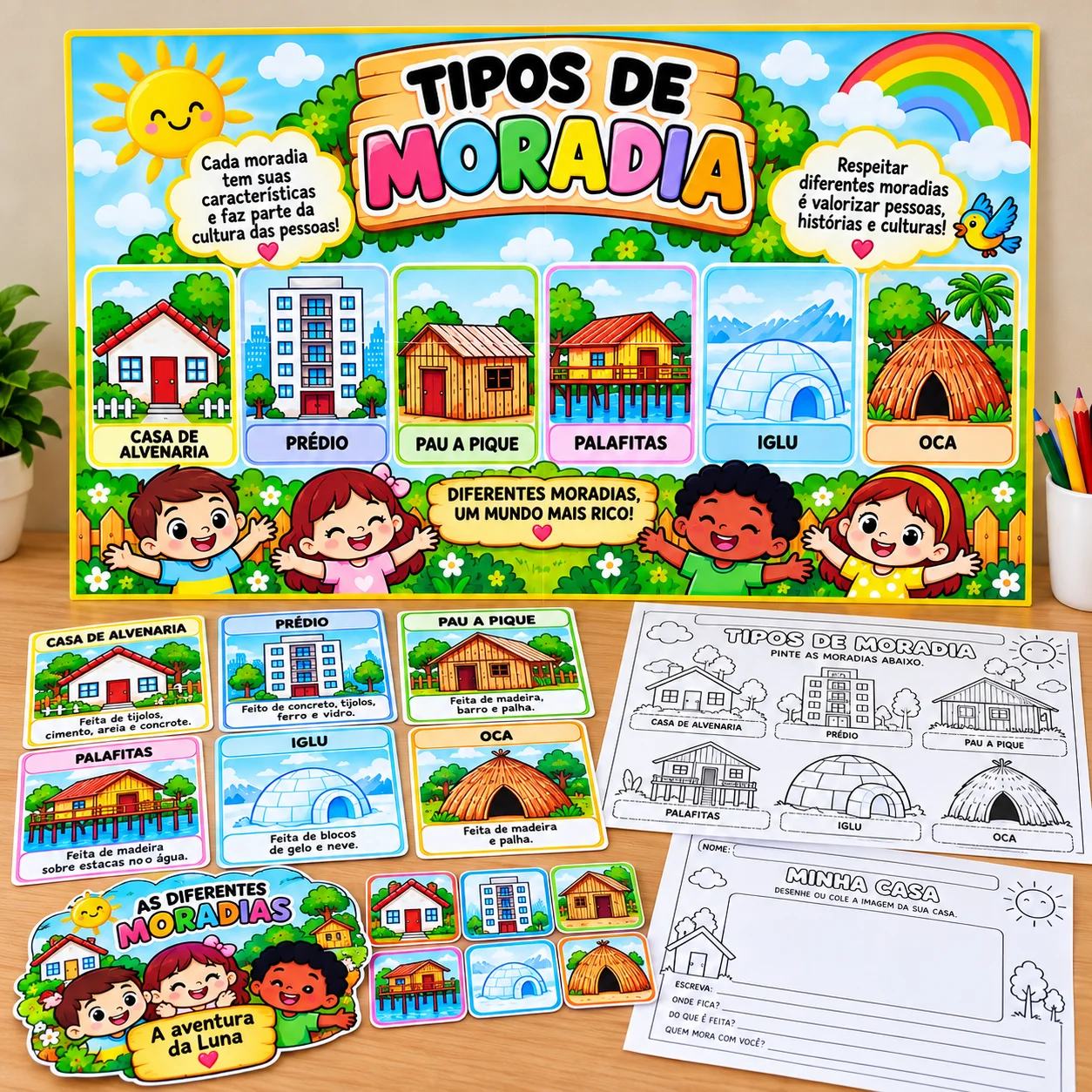 Kit Tipos de Moradia – Painel, Atividades e História — amostra 6: Kit Tipos de Moradia com painel educativo, fichas de 6…