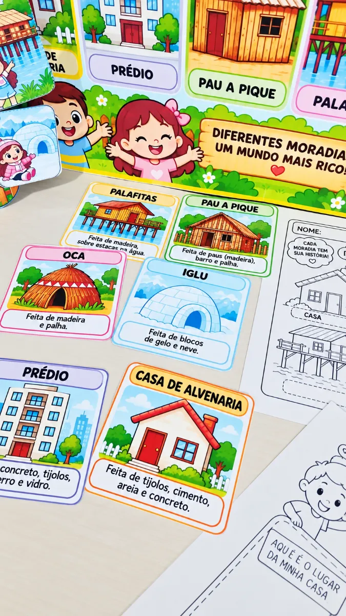 Kit Tipos de Moradia – Painel, Atividades e História — amostra 1: Kit Tipos de Moradia com painel, fichas de 6 moradias, 2…