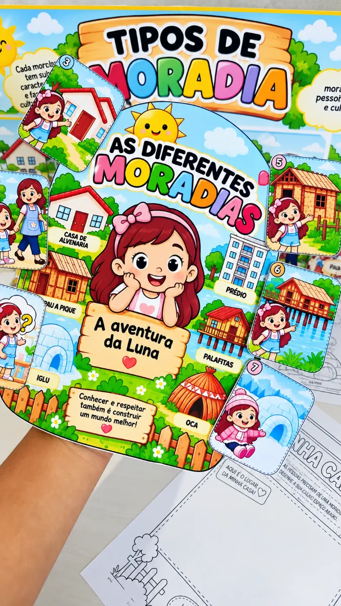 Kit Tipos de Moradia – Painel, Atividades e História — amostra 5: Kit Tipos de Moradia com painel, fichas de 6 moradias, 2…
