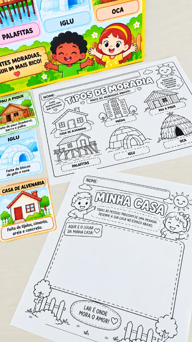 Kit Tipos de Moradia – Painel, Atividades e História — amostra 6: Kit Tipos de Moradia com painel, fichas de 6 moradias, 2…