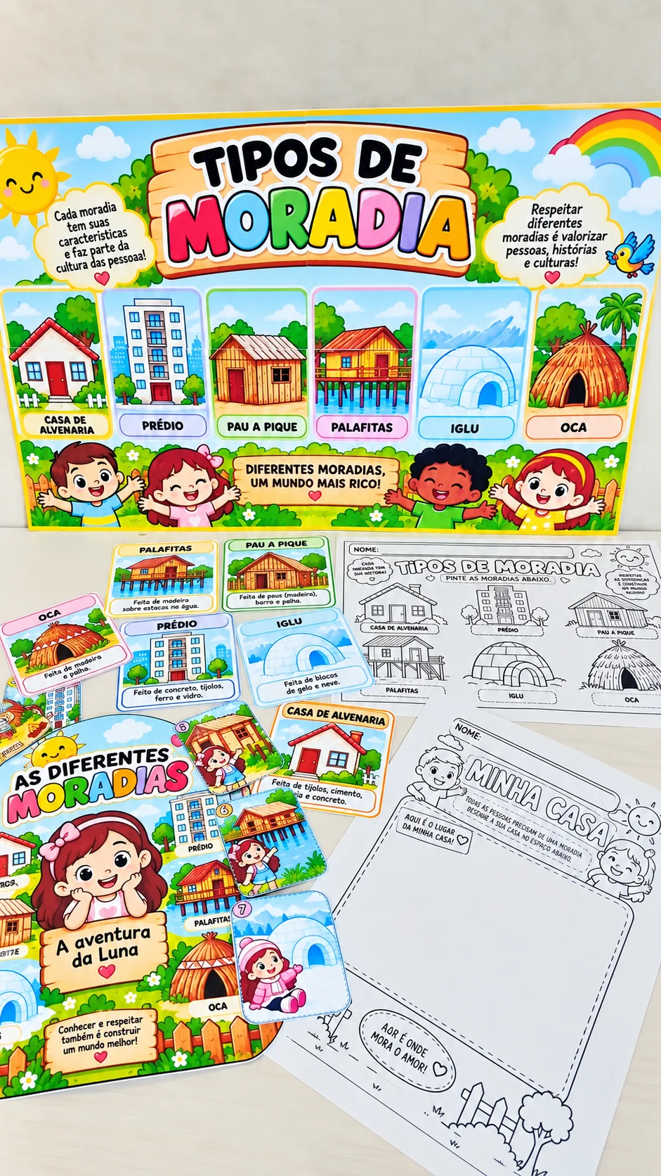 Kit Tipos de Moradia – Painel e Atividades para Educação Infantil — amostra 3: O material pode ser utilizado em aulas,…
