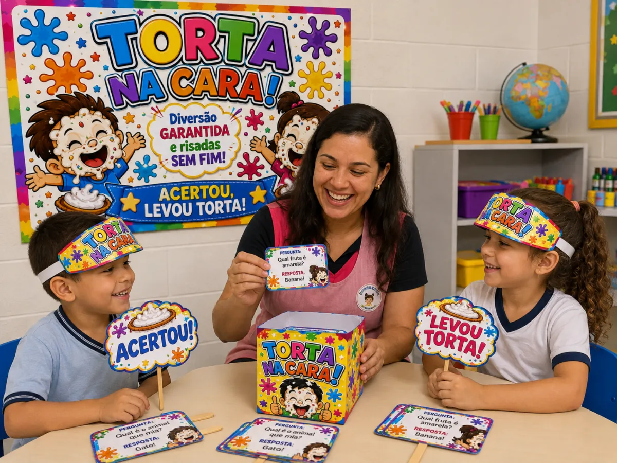 Kit Torta Na Cara-Diversão Garantida — amostra 4: ✨ 1 painel – 8 folhas ✨ 1 caixinha com 26 perguntas e respostas ✨ 1…