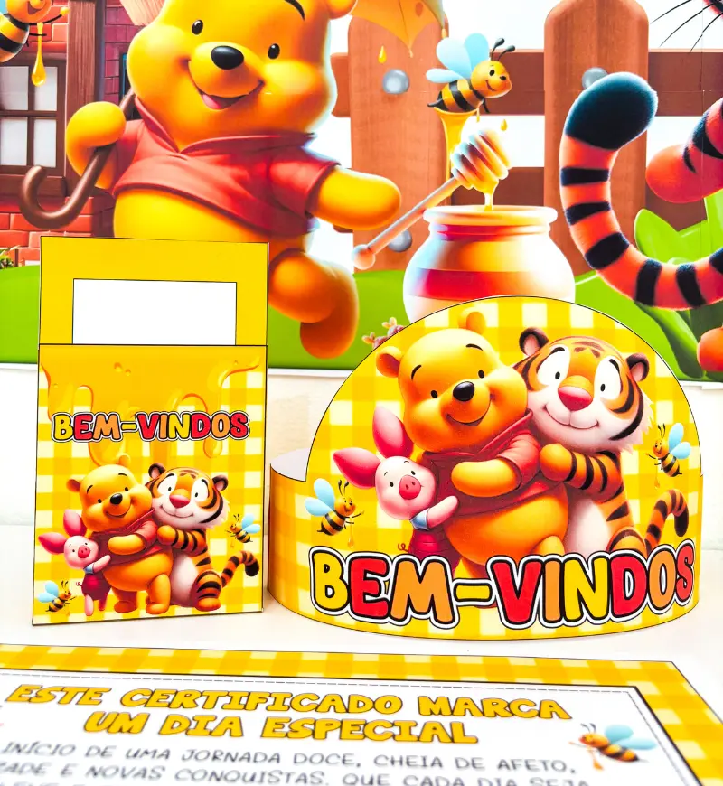Kit Volta às Aulas Ursinho Pooh em PDF para imprimir — amostra 5: Receba a turma com carinho usando o Kit Volta às Aulas…