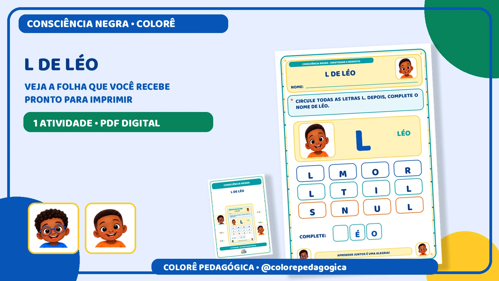 L de Léo | Letra L e Consciência Negra Alfabetização. — capa do material
