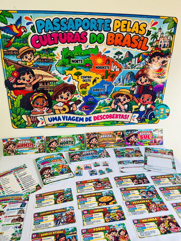 L 🌎🇧🇷 PASSAPORTE PELAS CULTURAS DO BRASIL ✈🌈 💰8,00 ✨ UMA VIAGEM DE DESCOBERTAS, APRENDIZAGENS E MUITA DIVERSÃO! Que tal transformar sua sala de aula em uma verdadeira viagem pelas cinco regiões do Brasil? 😍 Com esse kit pedagógico interativo, as crianças vão explorar festas, danças, músicas, comidas típicas, artesanatos e tradições culturais de uma maneira lúdica, colorida e cheia de descobertas! 💖 🎒 O QUE VOCÊ ENCONTRA NO MATERIAL? 🌎 Painel principal ilustrado e colorido. 🛂 Passaporte cultural dobrável para cada criança. 🗺 5 estações culturais: Norte, Nordeste, Centro-Oeste, Sudeste e Sul. 🎨 24 cards culturais ilustrados com informações e curiosidades. 🔎 Cartões com missões e desafios divertidos. 🏅 Carimbos das regiões e de conquistas. ✏ Atividades de registro, associação, escrita e desenho. 📚 Guia do professor com diferentes formas de explorar o material. 💡 AS CRIANÇAS APRENDEM BRINCANDO! A cada estação visitada, uma nova descoberta! A cada missão realizada, uma conquista para registrar no passaporte! 🌟 Um r — capa do material