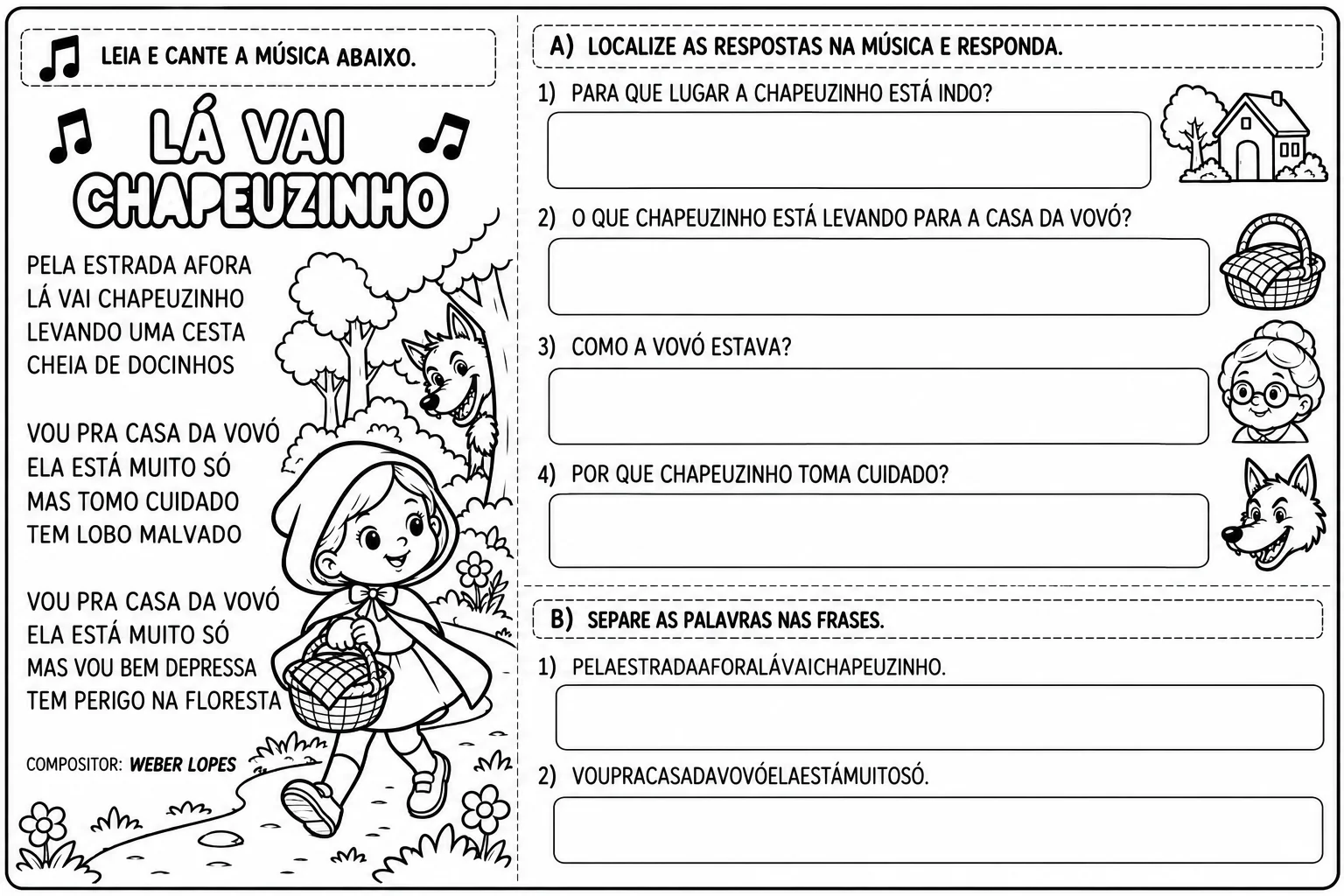 "LÁ VAI CHAPEUZINHO" - ATIVIDADES INSPIRADAS NA MÚSICA DE WEBER LOPES — amostra 3: 2. Leitura e interpretação textual