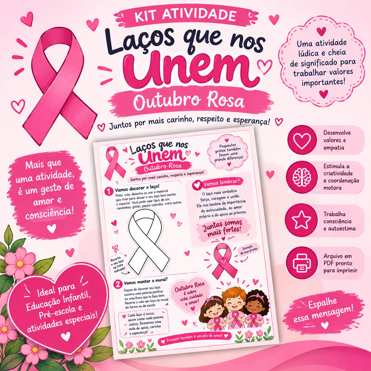 Laços que nos Unem – Outubro Rosa em PDF — Datas comemorativas para Educação Infantil: Atividade lúdica de Outubro Rosa com…