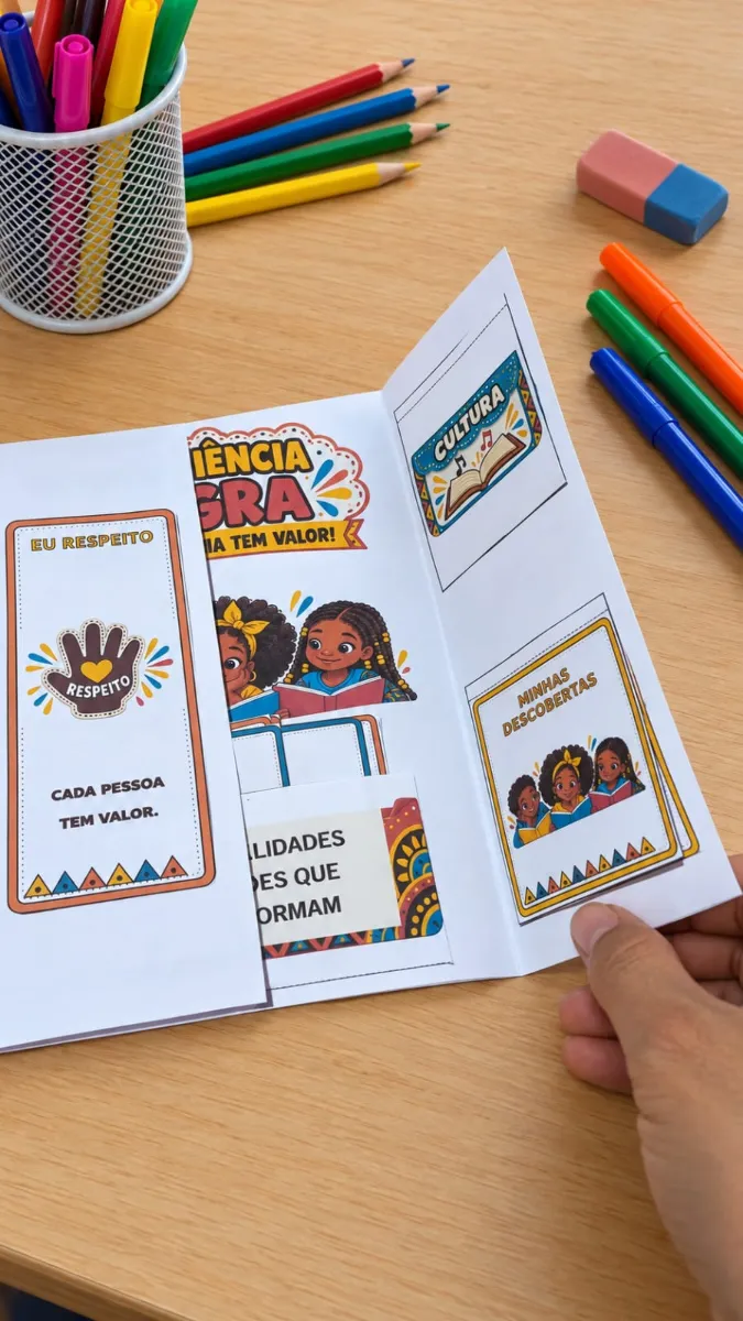 Lapbook Consciência Negra – Atividade Interativa PDF — amostra 5: Lapbook Consciência Negra em PDF com abas, 8…