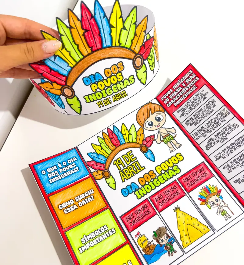 Lapbook Dia dos Povos Indígenas com Coroa para Colorir — amostra 2: O que vem no material
