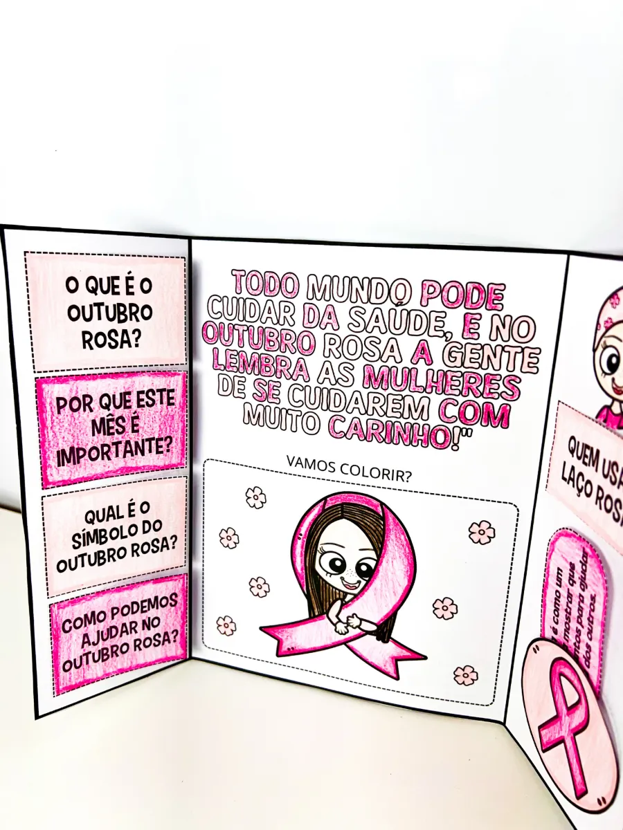 Lapbook Interativo Outubro Rosa para Educação Infantil e Anos Iniciais — amostra 1: Lapbook interativo em preto e branco…