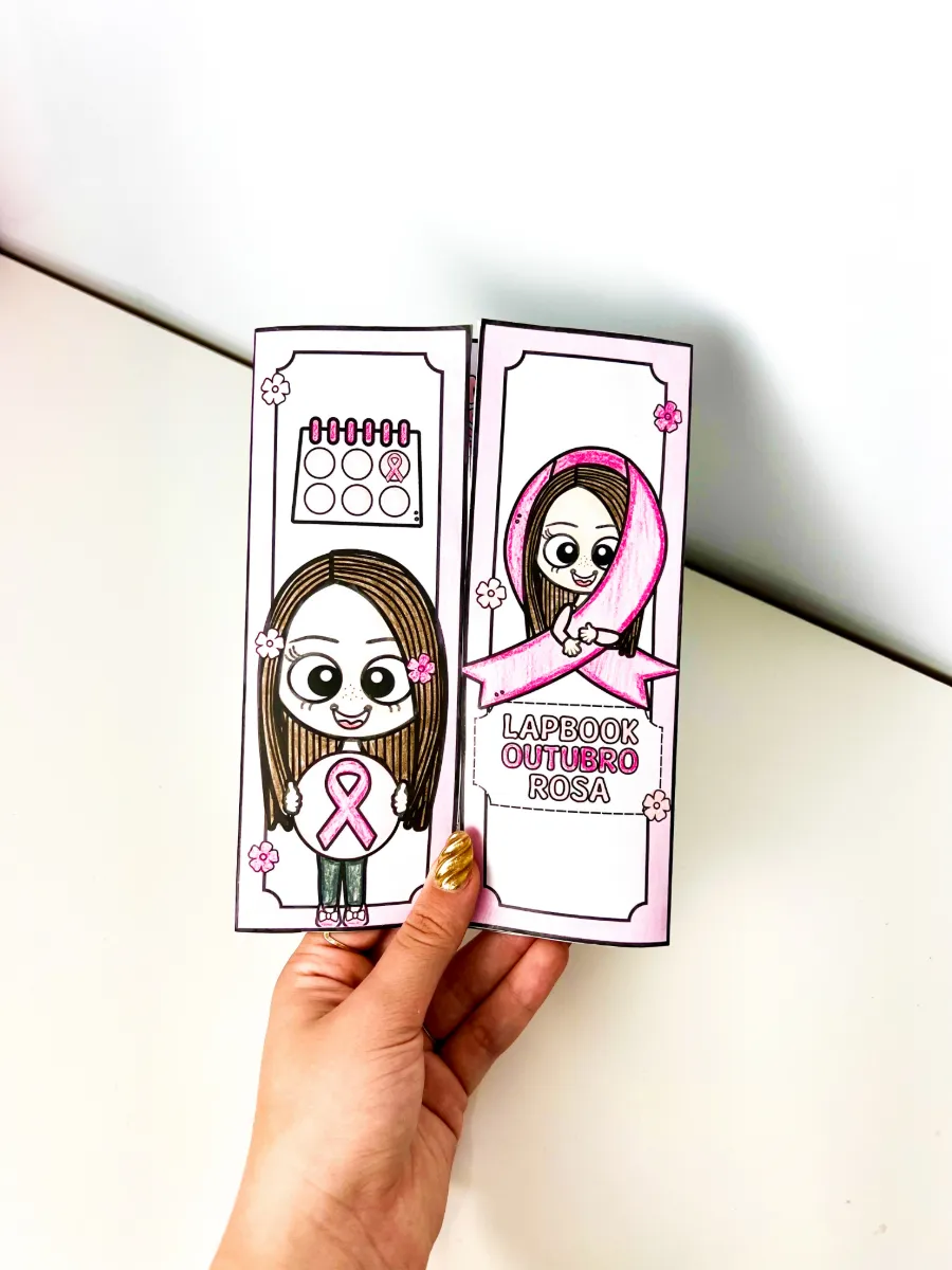Lapbook Interativo Outubro Rosa para Educação Infantil e Anos Iniciais — amostra 2: Lapbook interativo em preto e branco…