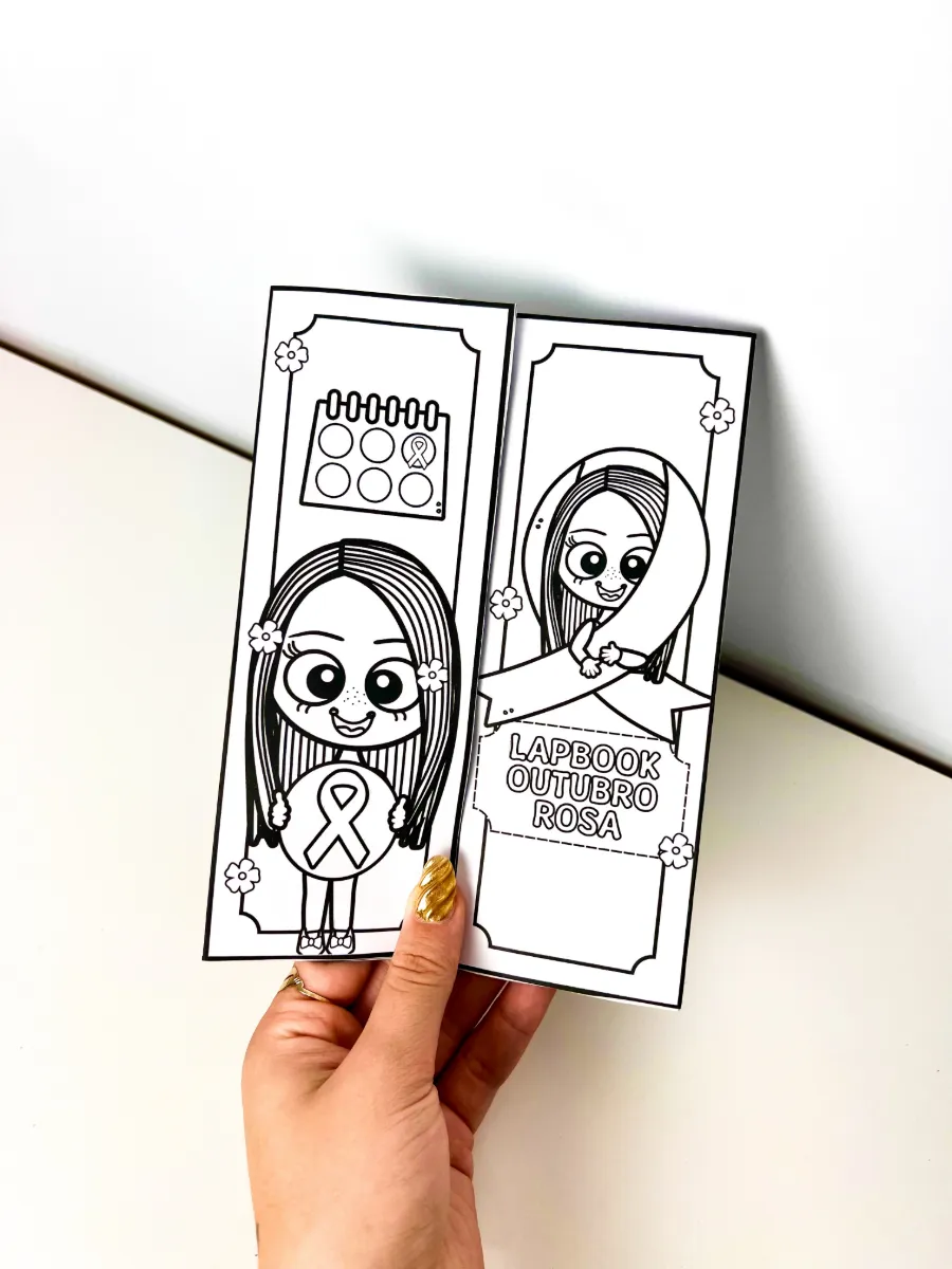 Lapbook Interativo Outubro Rosa para Educação Infantil e Anos Iniciais — amostra 3: Lapbook interativo em preto e branco…