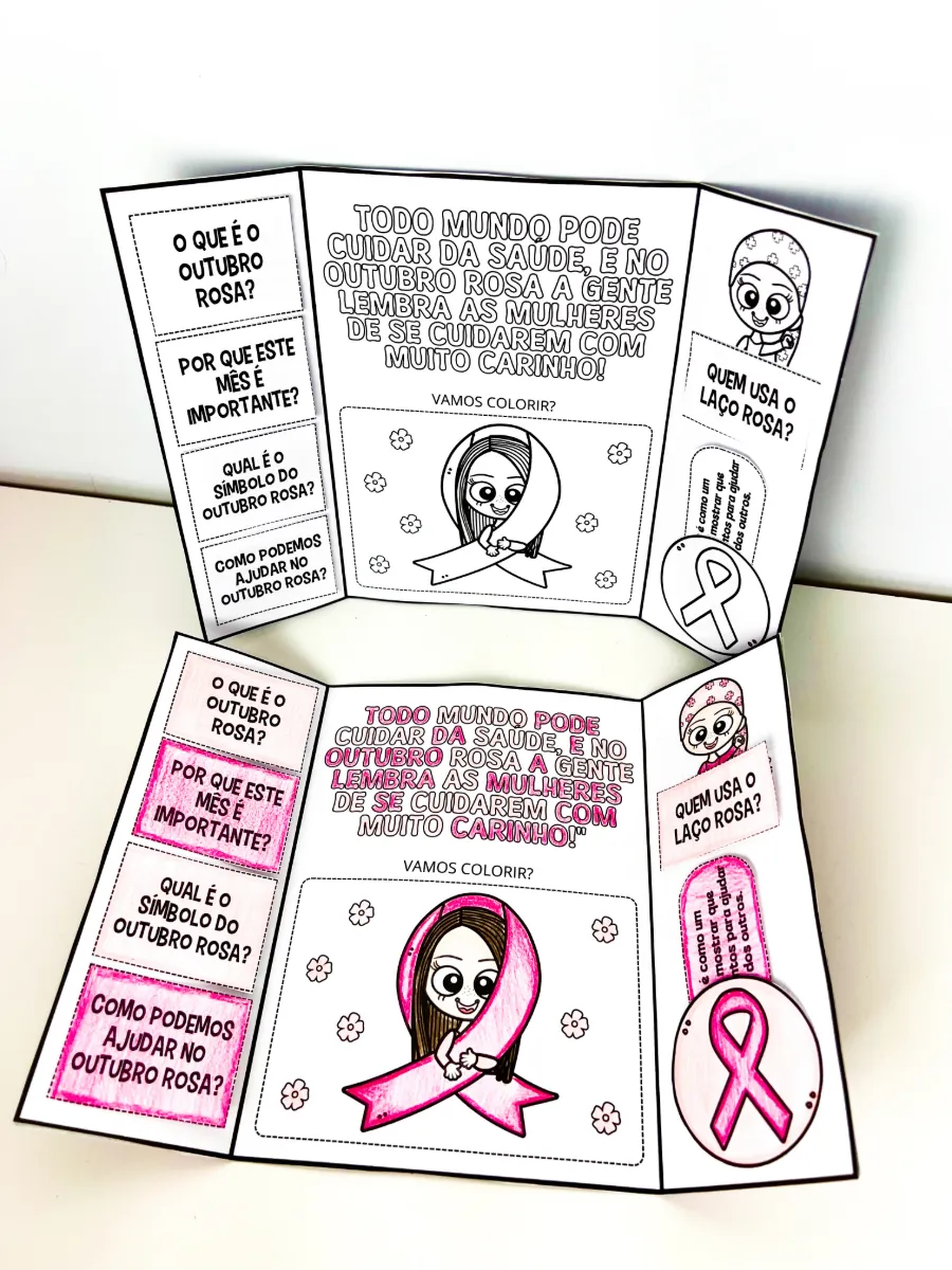 Lapbook Interativo Outubro Rosa para Educação Infantil e Anos Iniciais — amostra 4: Lapbook interativo em preto e branco…