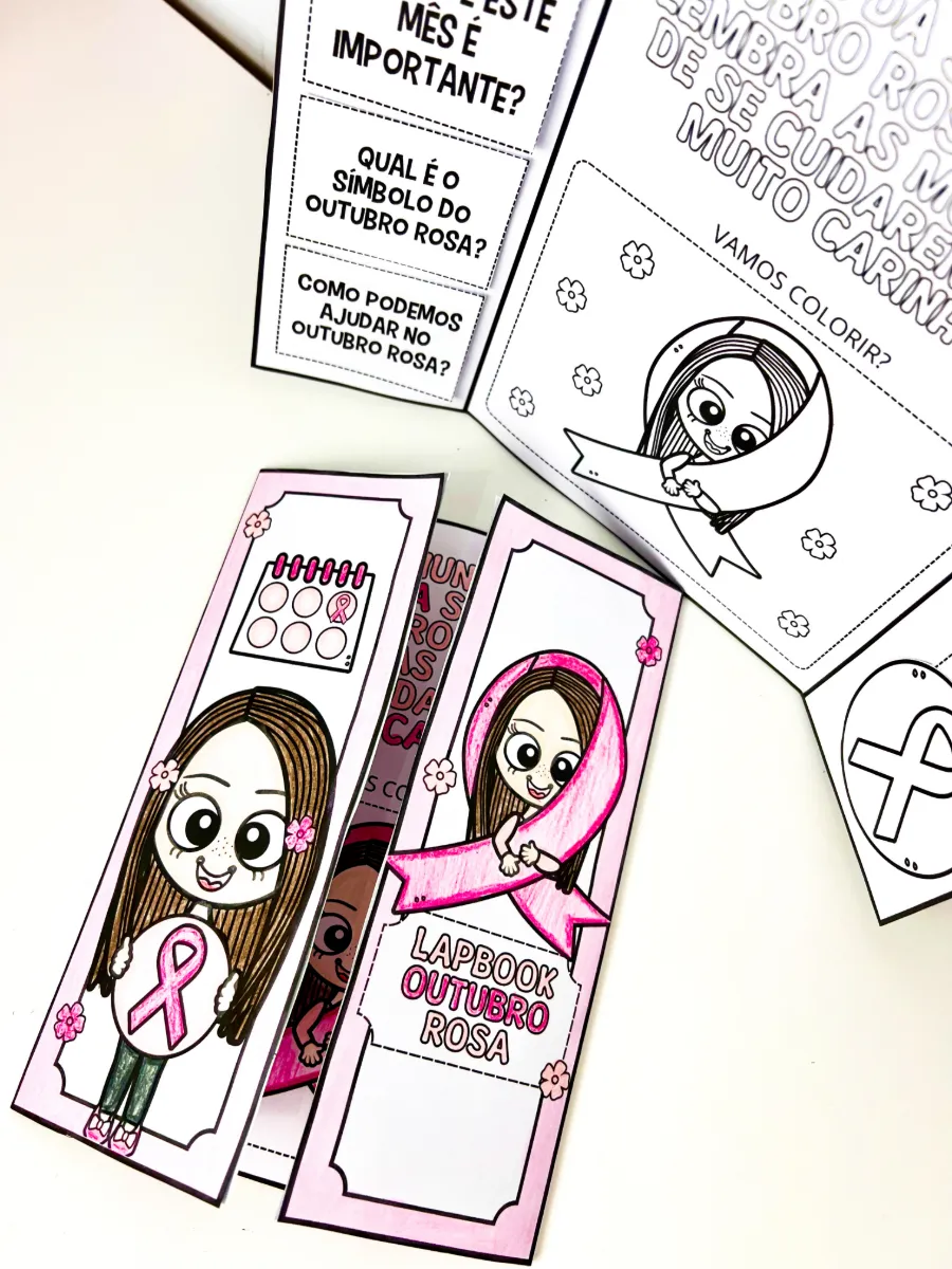 Lapbook Interativo Outubro Rosa para Educação Infantil e Anos Iniciais — amostra 5: Lapbook interativo em preto e branco…