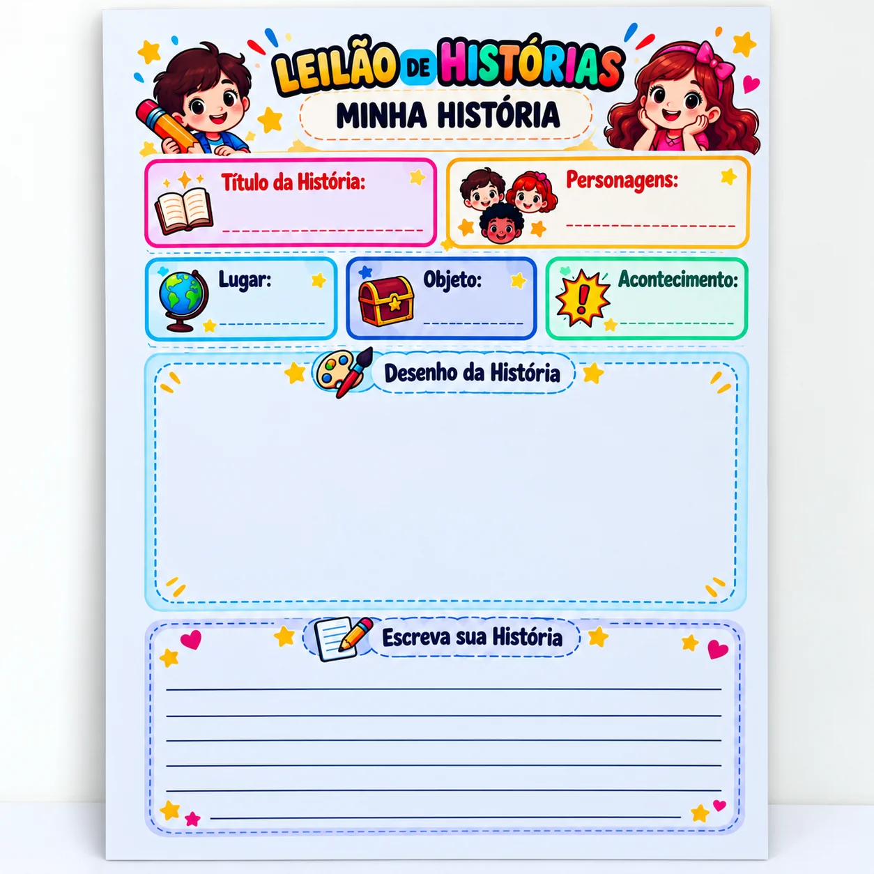 Leilão de Histórias – Jogo Pedagógico de Produção Textual e Escrita — amostra 1: O que está incluso no material?