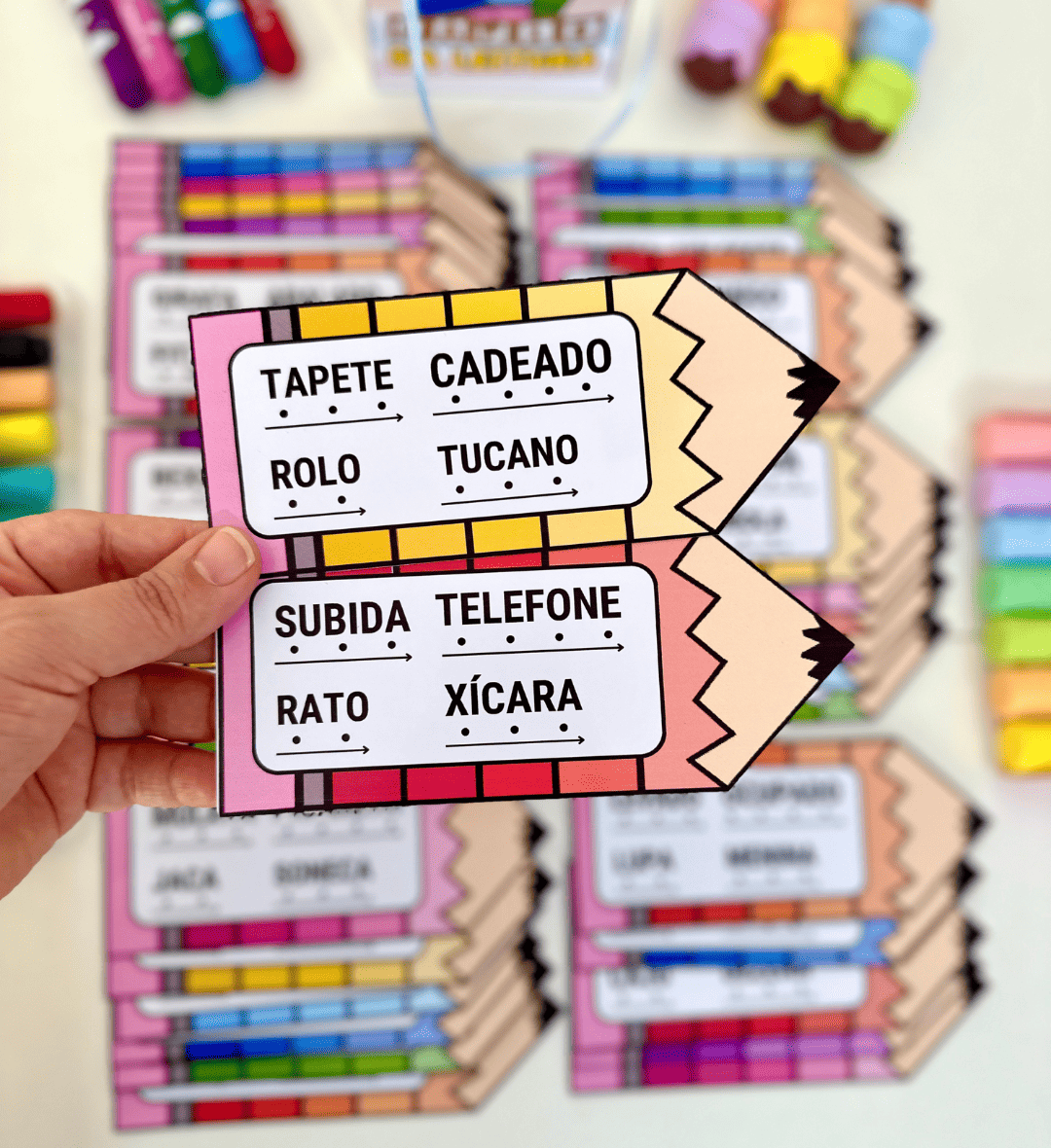 Leitura de sílabas simples: fichas em formato de lápis — amostra 3: Como usar em sala de aula