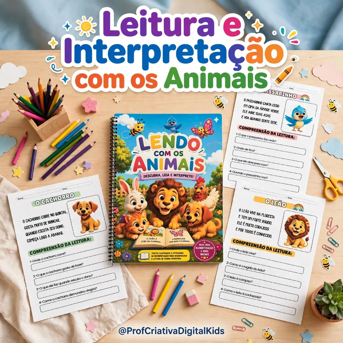 Leitura e Interpretação com os Animais - Alfabetização — Alfabetização para 1º ano: Com pequenos textos ilustrados e…