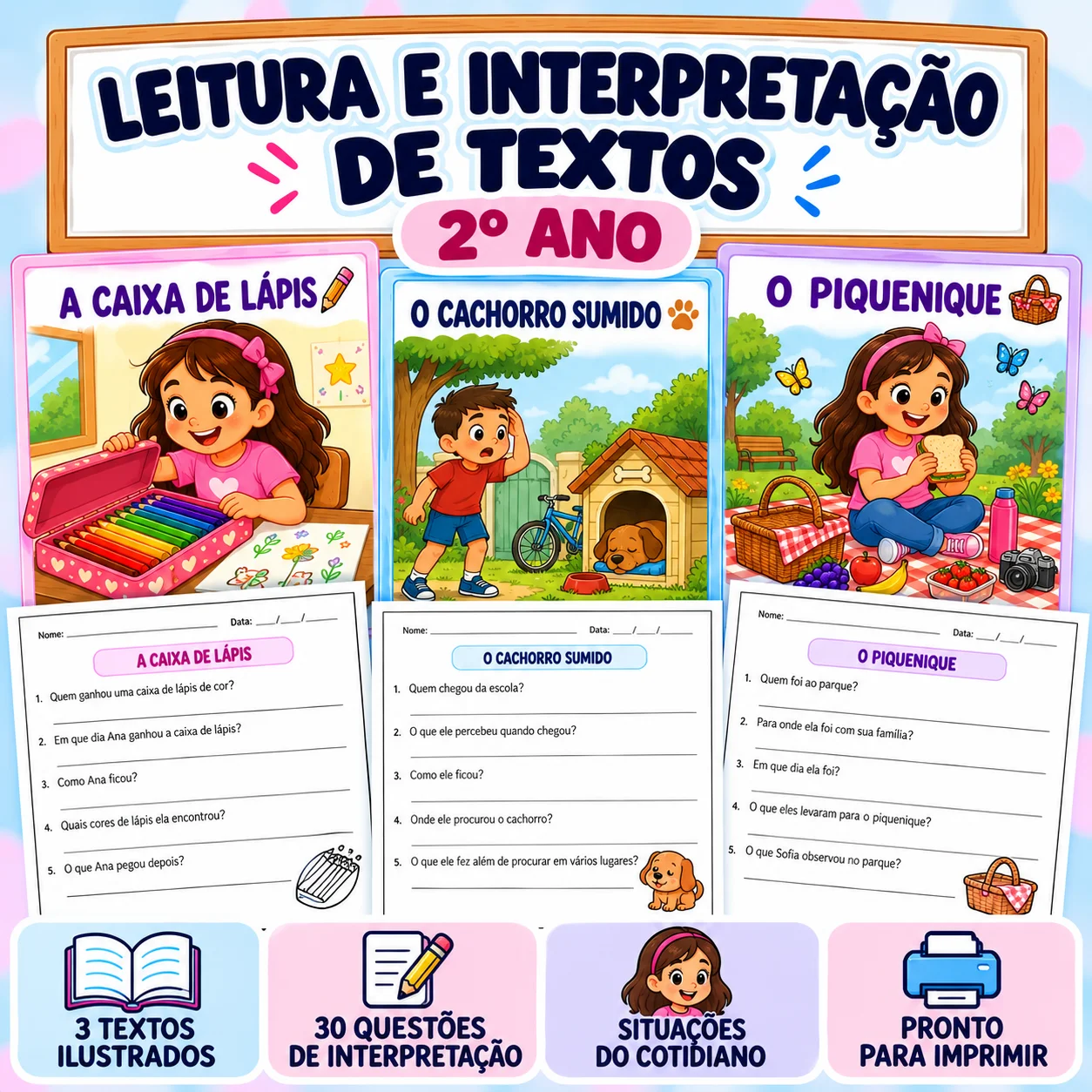 Leitura e Interpretação de Textos | 2º Ano — Português para 2º ano: 3 textos ilustrados com 30 questões de leitura e…