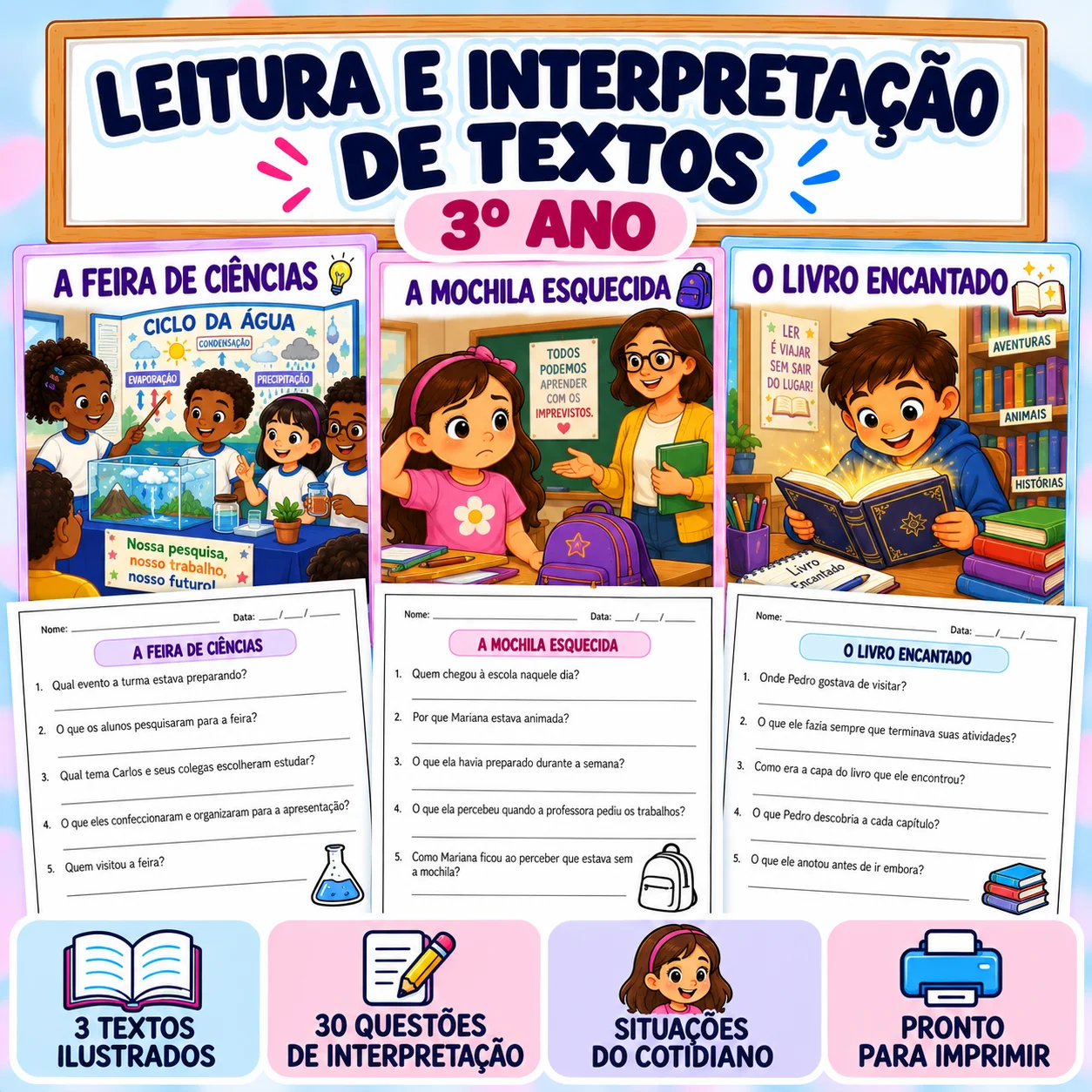 Leitura e Interpretação de Textos | 3º Ano — Português para 3º ano: 3 textos ilustrados com 30 questões (10 para cada…