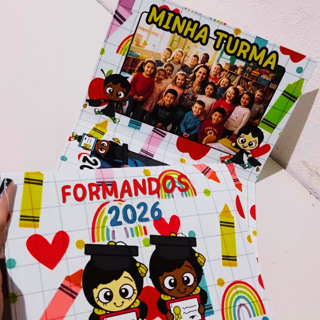 Lembrancinha: álbum de formatura 2026 | Educação Infantil e Anos Iniciais — amostra 1: O que vem no material