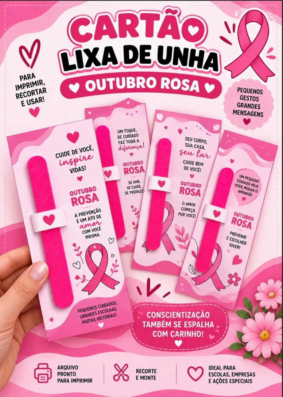 🌸 LEMBRANCINHA CARTÃO OUTUBRO ROSA LIXA DE UNHA 🌸 — amostra 1: 💗 UM CARTÃO LINDO E PRONTO PARA PERSONALIZAR SUA AÇÃO: