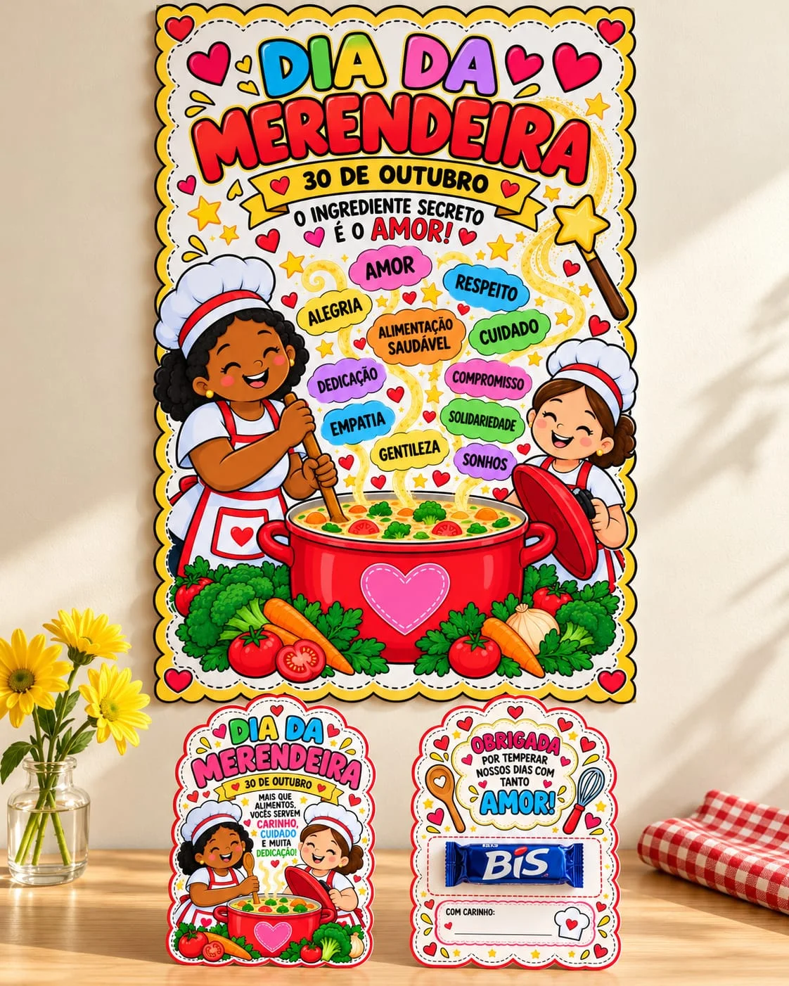 Lembrancinha Dia da Merendeira Escolar Painel PDF — amostra 1: QUEM PREPARA COM AMOR MERECE UMA HOMENAGEM ESPECIAL!