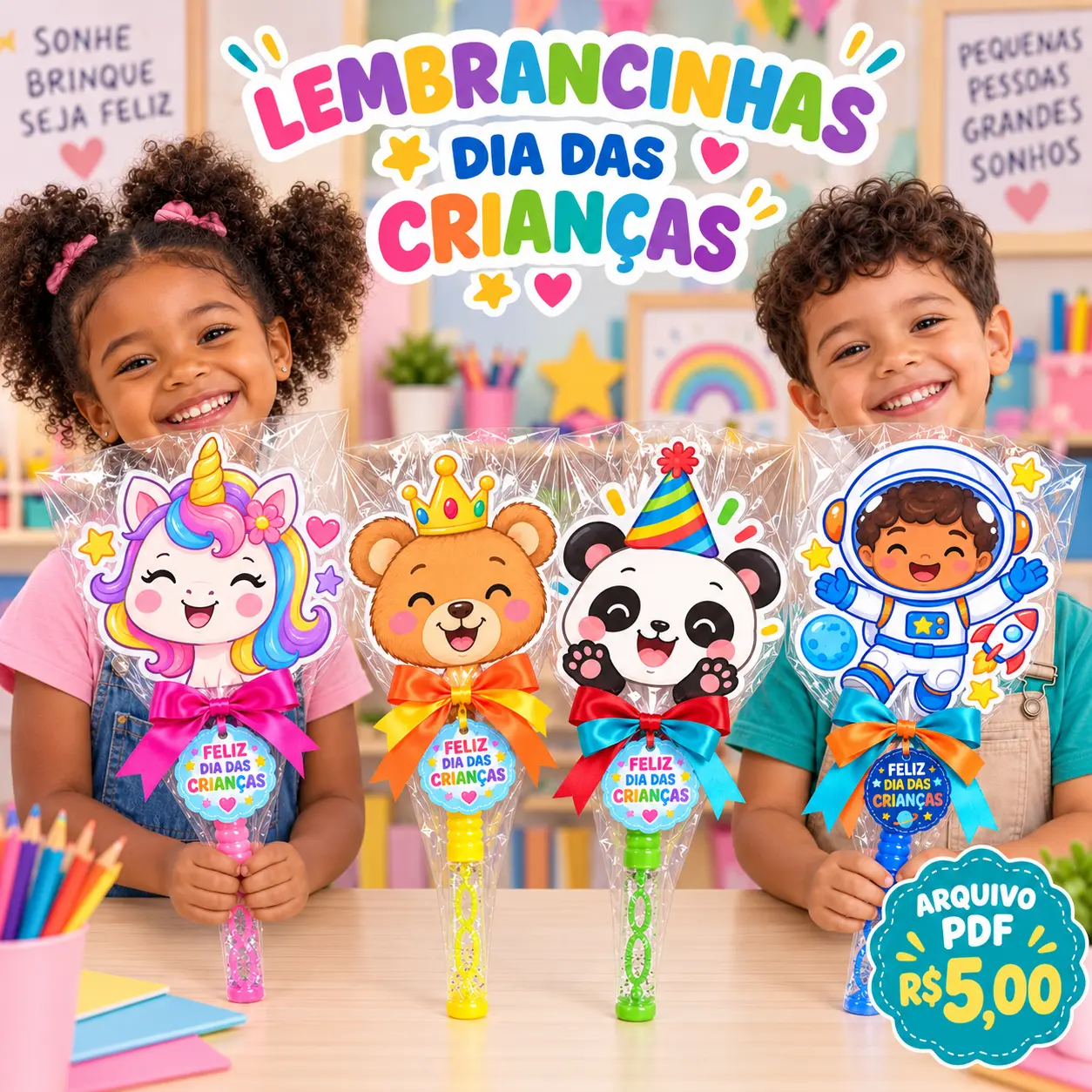 Lembrancinha Dia das Crianças com Sopra-Bolinha em PDF — amostra 2: Arquivo digital em PDF com 4 modelos de lembrancinhas…