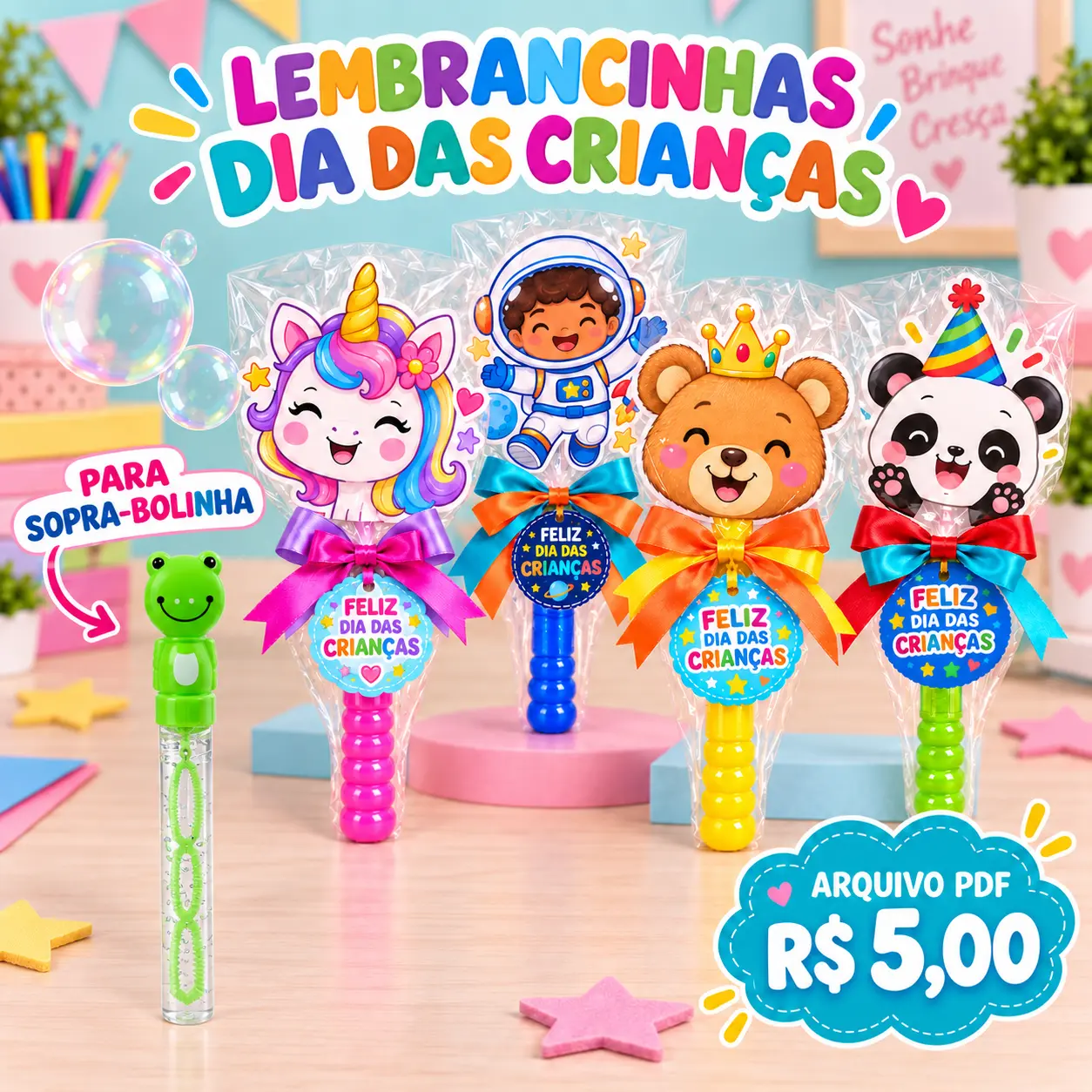 Lembrancinha Dia das Crianças com Sopra-Bolinha em PDF — capa do material