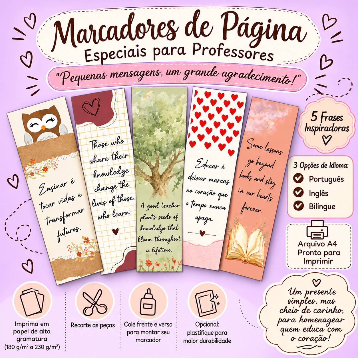 Lembrancinha Dia Dos Professores Marcador De Página PDF Kit — Português para Todas as séries: Kit Dia dos Professores: 5…
