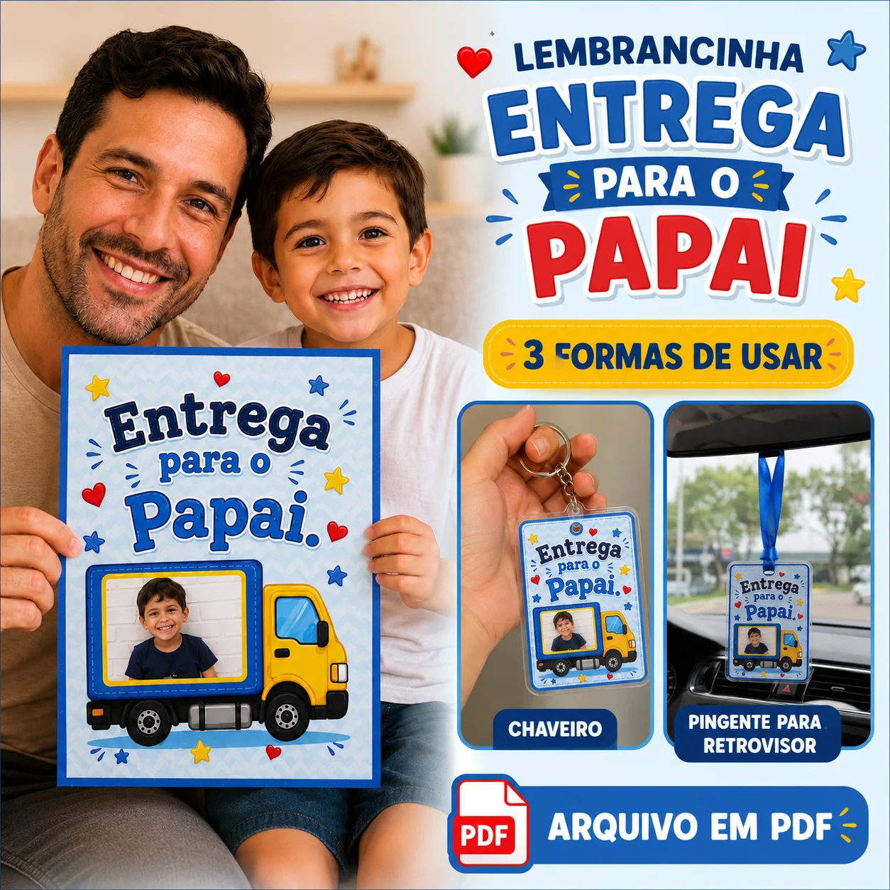 Lembrancinha entrega para o papai — amostra 4: 🚚 *Chaveiro e Pingente Personalizado – Entrega para o Papai* 💙 Um presente…