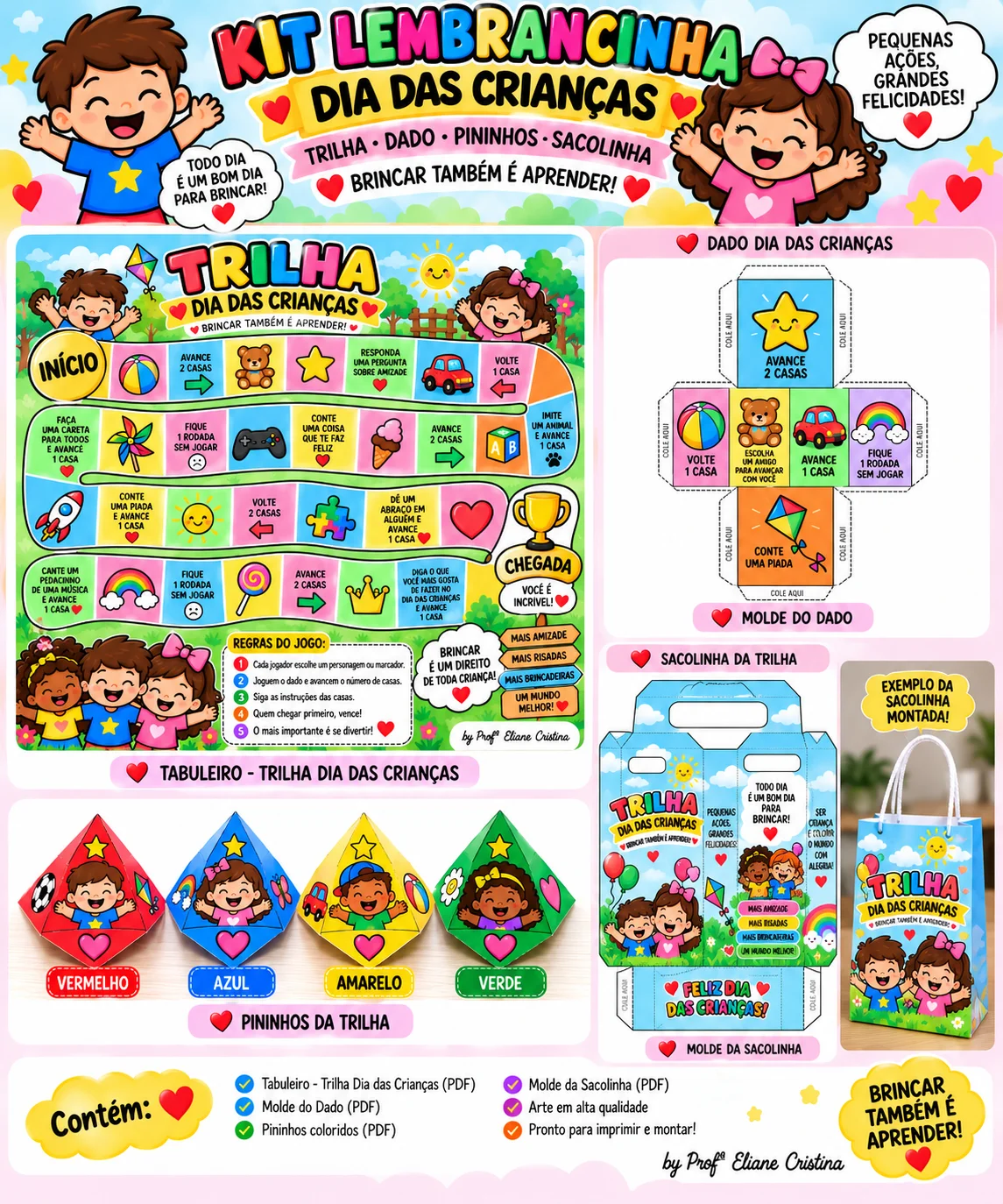 LEMBRANCINHA JOGO TRILHA – DIA DAS CRIANÇAS COM DADO ,PININHOS COLORIDOS ,PORTA PIRULITO E CARTÃO, EM PDF PRONTO PARA…