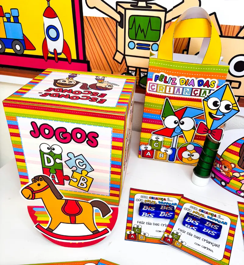 Lembrancinhas Dia das Crianças: Kit em PDF com Tema Brinquedos — amostra 3: Como usar na comemoração em sala