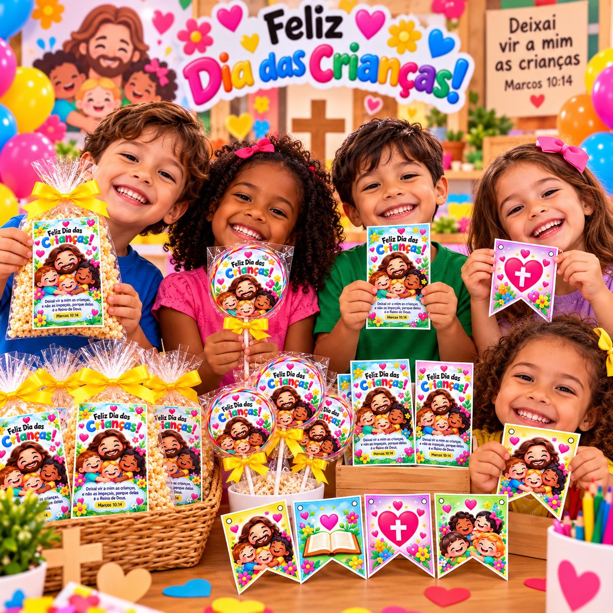 Lembrancinhas Dia das Crianças Tema Religioso – Kit Infantil Cristão — amostra 1: Kit digital de lembrancinhas para o Dia…