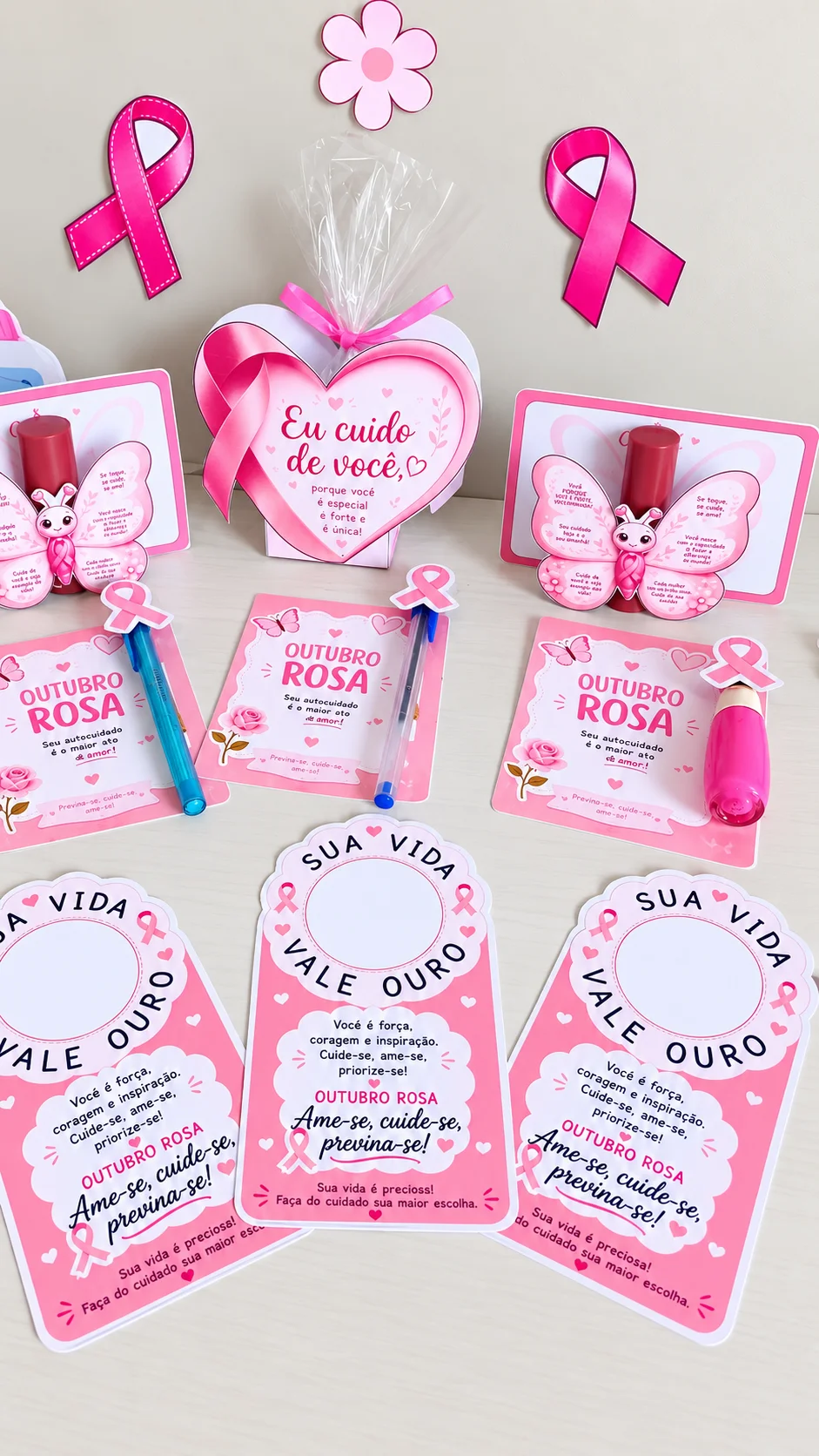 Lembrancinhas Outubro Rosa – 4 Modelos para Imprimir — amostra 7: Kit Outubro Rosa com 4 modelos de lembrancinhas para…