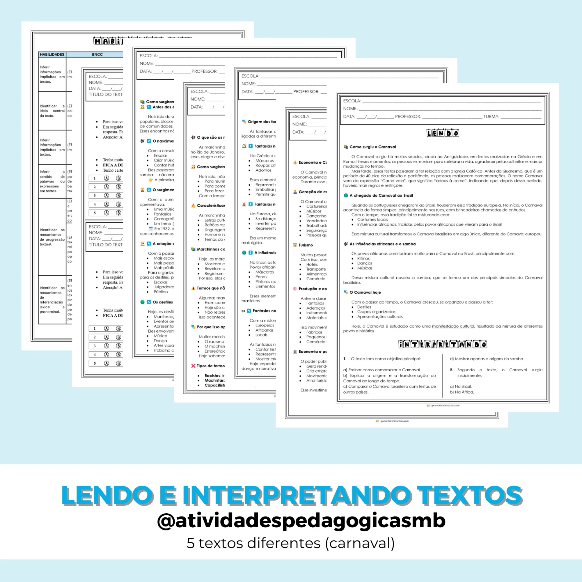 Lendo e Interpretando Textos sobre o Carnaval (PDF) — capa do material