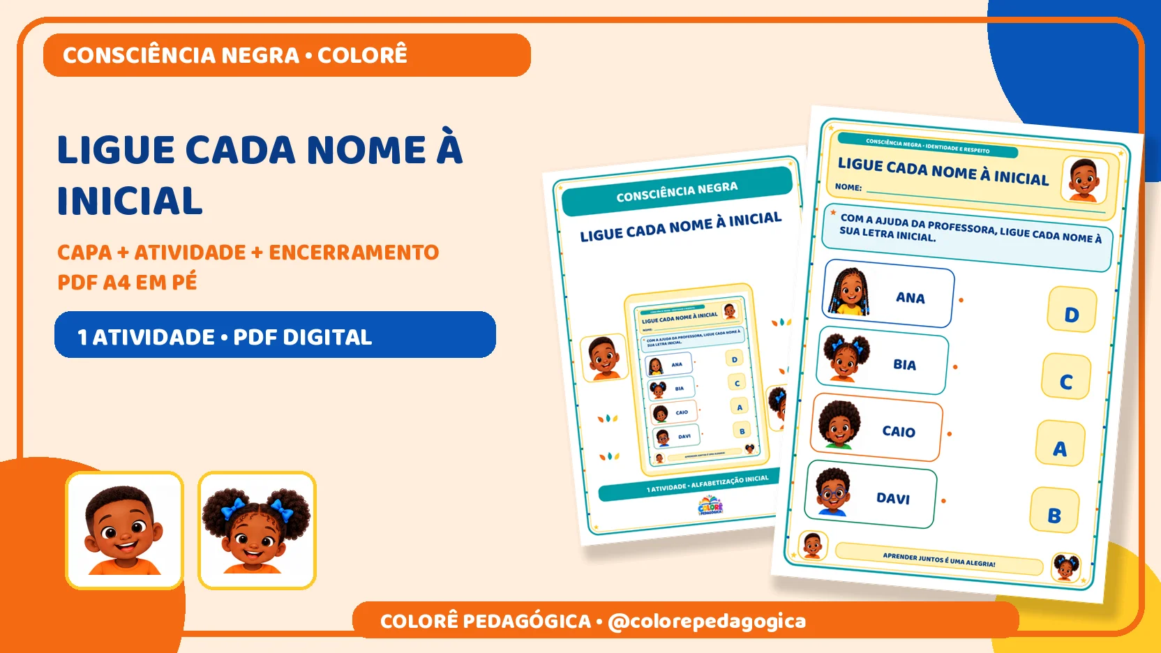 Ligue cada nome à inicial | Consciência Negra — amostra 1: Produto digital para impressão em A4, na orientação…
