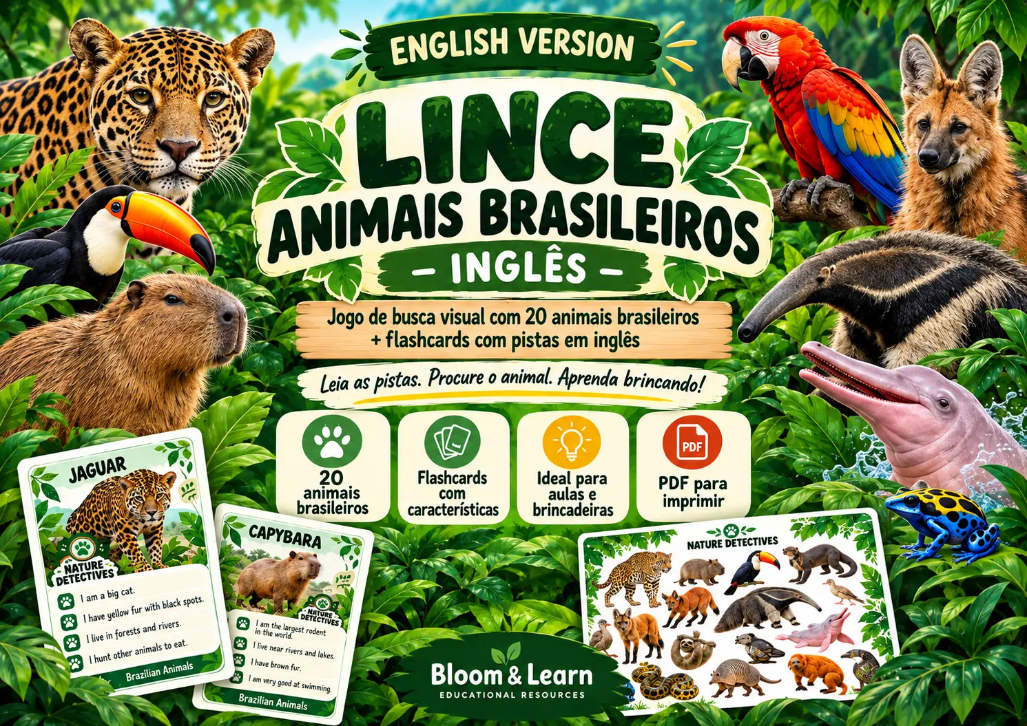 Lince Animais Brasileiros em Inglês - Jogo 20 Animais Cards com Pistas — Jogos pedagógicos para Educação Infantil: Jogo…