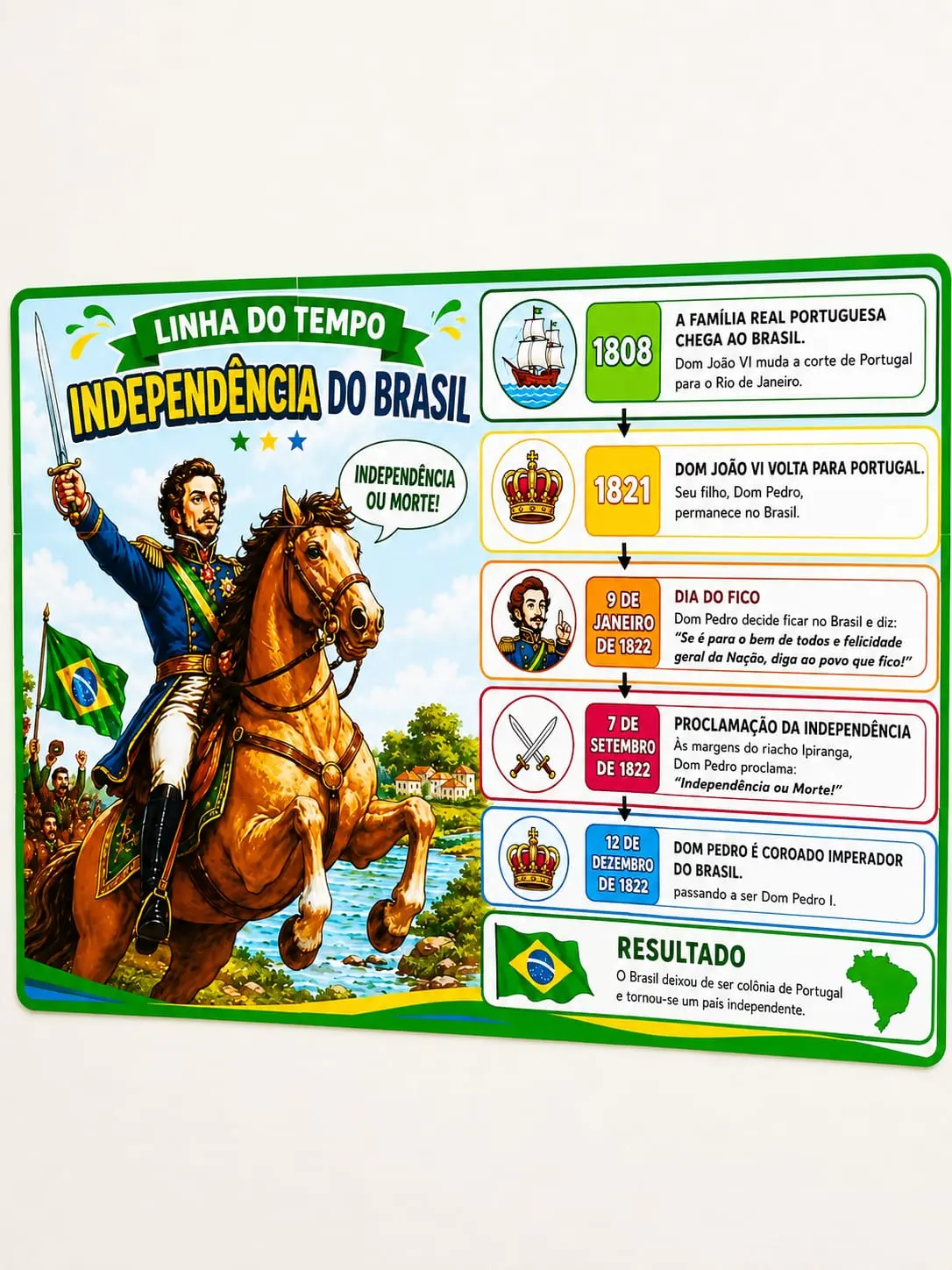 Linha do Tempo – Independência do Brasil — amostra 4: Um painel educativo, colorido e ilustrado que apresenta, de forma…