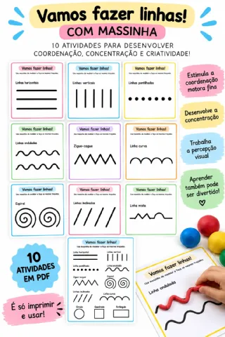 LINHAS DIVERTIDAS COM MASSINHA — 10 ATIVIDADES PARA EDUCAÇÃO INFANTIL — amostra 1: Vamos Fazer Linhas com Massinha — 10…