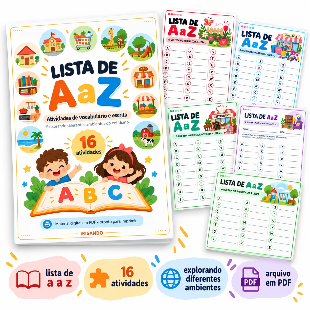 Lista de A a Z – Atividades de escrita e vocabulário — amostra 1: Material pedagógico com 16 atividades ilustradas que…