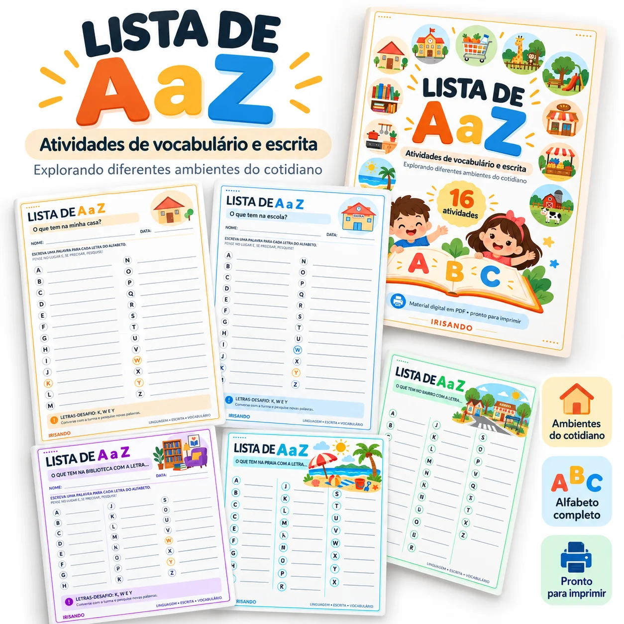 Lista de A a Z – Atividades de escrita e vocabulário — amostra 3: Material com 16 atividades de Lista de A a Z para…