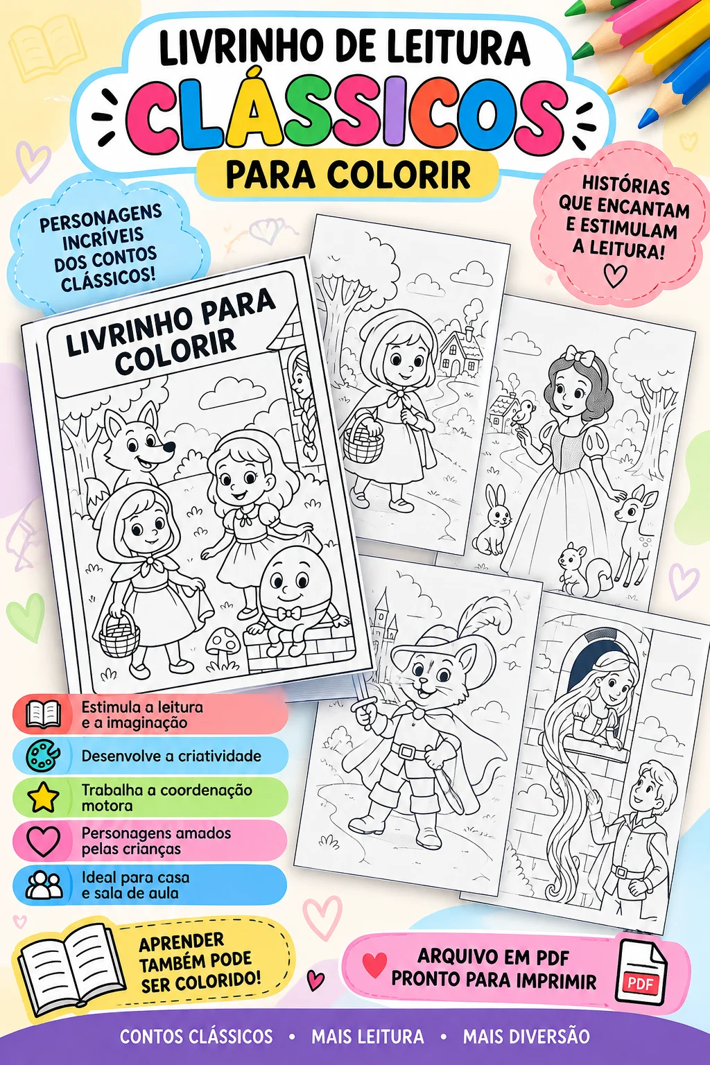 LIVRINHO DE LEITURA – CLÁSSICOS PARA COLORIR - ALFABETIZAÇÃO — Alfabetização para Educação Infantil: ✨ Histórias que…