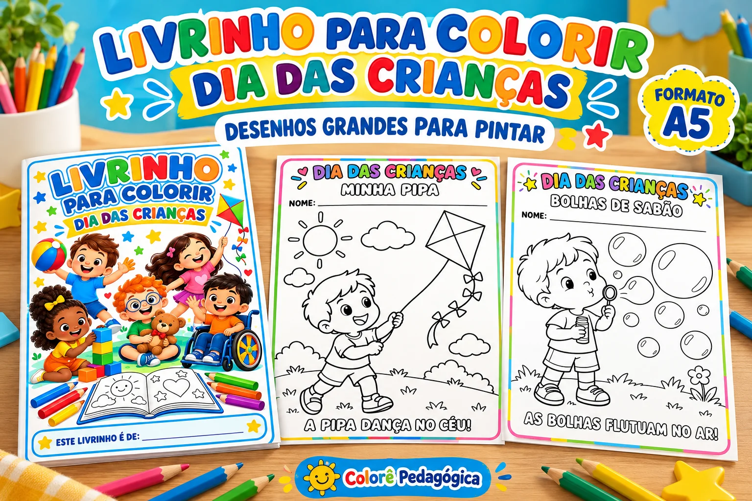 Livrinho para Colorir Dia das Crianças 10 Desenhos Educação Infantil — amostra 1: Produto digital em PDF. Nenhum material…
