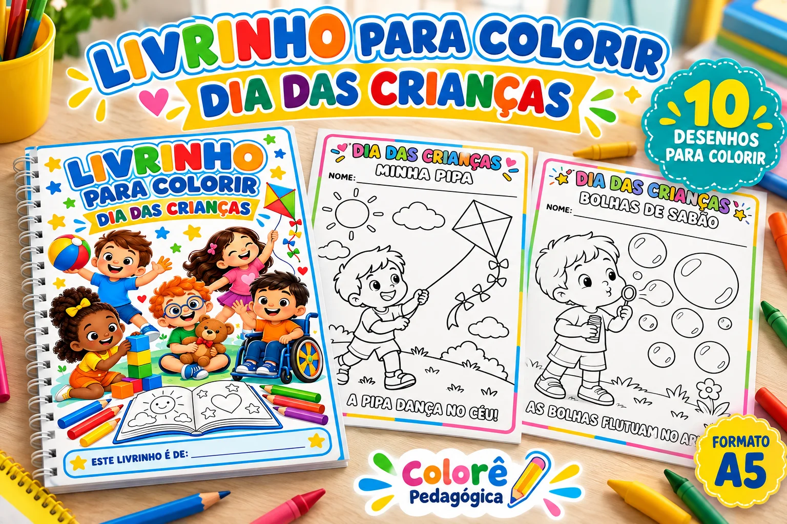 Livrinho para Colorir Dia das Crianças 10 Desenhos Educação Infantil — amostra 3: Um livrinho cheio de brincadeiras e carinho